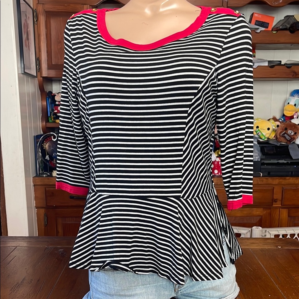 Bobeau Black and White Peplum Blouse with 3/4 Sleeves